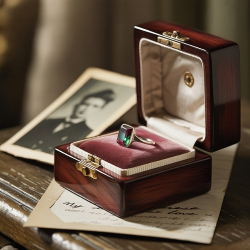 A vintage ring with a colorful gemstone in an open velvet-lined box, sits on a handwritten letter and a sepia photograph, evoking nostalgia.