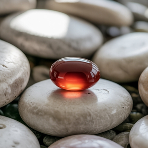 A smooth, glossy dark reddish orange carnelian gemstone rests on a stack of larger, round white stones, reflecting soft light. The scene conveys tranquility and balance.