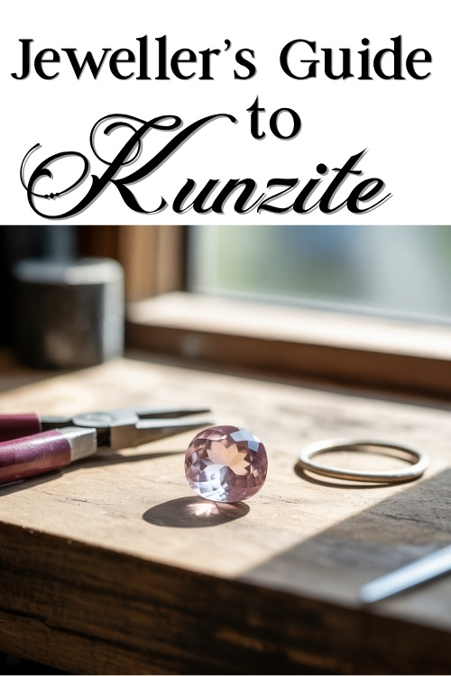 Close-up of a faceted pink kunzite gemstone on a wooden table, with jewelry tools in soft focus. Text above reads "Jeweller's Guide to Kunzite."