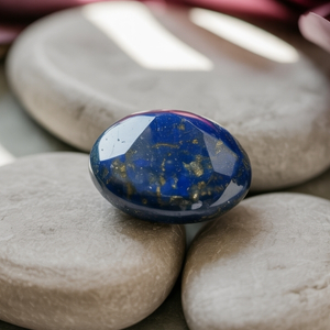 A polished blue lapis lazuli gemstone with gold specks sits on smooth gray stones, surrounded by a soft, blurred background with warm lighting. Mood is calm and elegant.