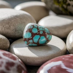 A polished turquoise stone with a red veined pattern sits on smooth beige pebbles. Sunlight casts soft shadows, creating a serene, natural feel.