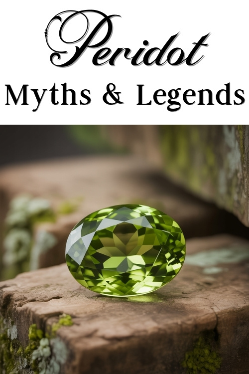 A vibrant, faceted green peridot gemstone rests on a weathered stone surface. Above it, elegant text reads "Peridot Myths & Legends," suggesting intrigue.