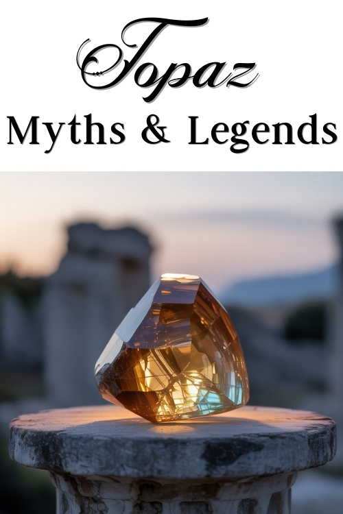 A large topaz gem glows atop a stone pedestal at sunset, with ancient ruins in the background. Elegant text reads "Topaz Myths & Legends."