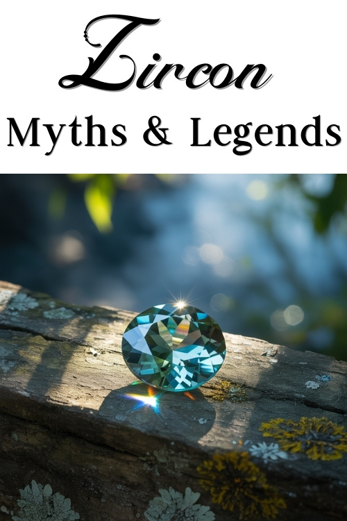 A sparkling blue zircon gemstone rests on a sunlit wooden surface, surrounded by moss. Above, the text reads "Zircon Myths & Legends." The mood is mystical.