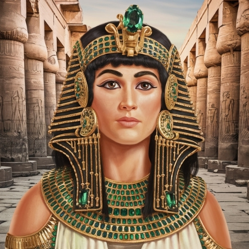 A drawing of Cleopatra adorned in elaborate ancient Egyptian attire with emerald green peridot accents stands confidently amid carved stone pillars, exuding strength and elegance.