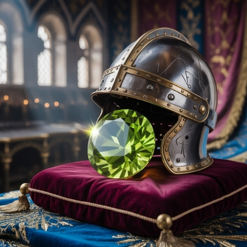 A medieval helmet with ornate detailing rests on a velvet cushion, featuring a large sparkling green peridot gemstone. The background shows an elegant, dimly lit hall.