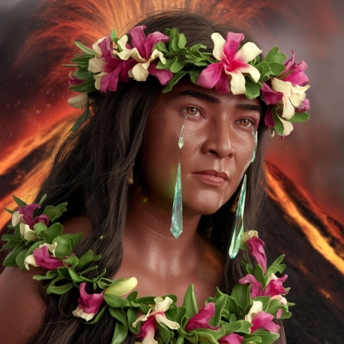 A fire goddess adorned with a floral crown and necklace cries peridot tears. A volcano erupts in the background, creating a dramatic and emotive scene.
