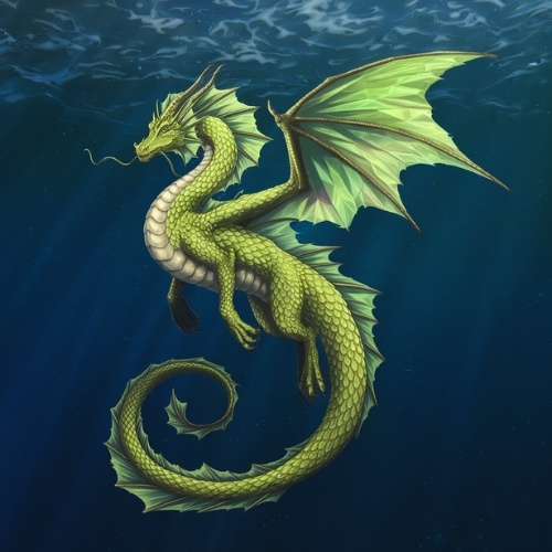 A majestic peridot green sea dragon swims underwater with translucent wings spread wide. The lighting casts a serene, mystical glow in the deep blue ocean.