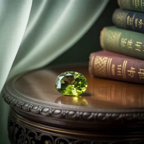 A polished green peridot gemstone rests on an ornate wooden table, surrounded by vintage books with gold detailing. Soft light filters through a curtain.