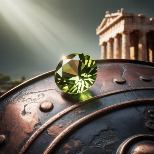 A radiant green peridot gemstone rests on an ancient bronze shield under soft sunlight. In the background, a worn Greek temple stands, evoking a sense of history.