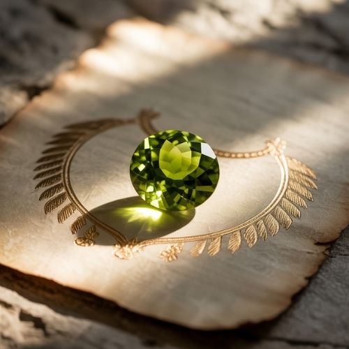 A vivid green peridot gemstone on an aged parchment paper, bordered by an intricate gold feather design. Soft light creates an elegant and serene mood.