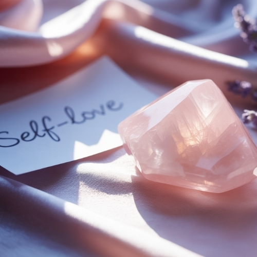 A rough rose quartz crystal on silk fabric beside a note reading "Self-love," with soft lighting and lavender sprigs, conveying serenity and self-care.