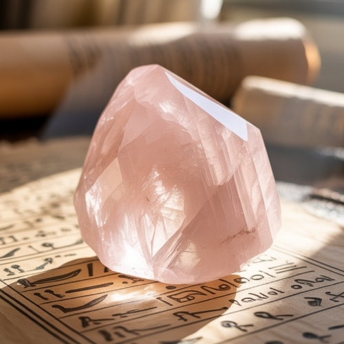 A rose quartz crystal rests on ancient parchment inscribed with hieroglyphs, bathed in warm sunlight, creating a mystical and serene atmosphere.