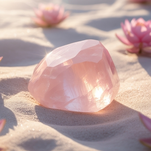 A pink roe quartz crystal rests on soft sand, surrounded by blurred pink flowers. Sunlight glimmers off the crystal, creating a serene and tranquil atmosphere.