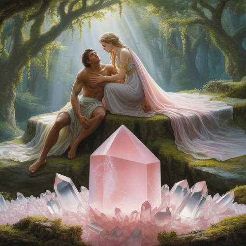 A man and greek goddess, dressed in ancient attire, sit affectionately on a mossy rock in a sunlit forest. A large pink rose quartz crystal rests nearby, surrounded by smaller crystals.