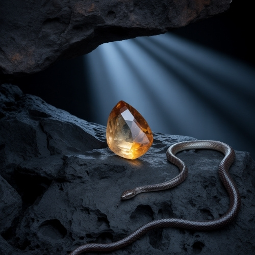 A gleaming golden yellow topaz gemstone sits on dark rocks, alongside a silver snake. Soft, dramatic lighting creates a mysterious and enchanting atmosphere.