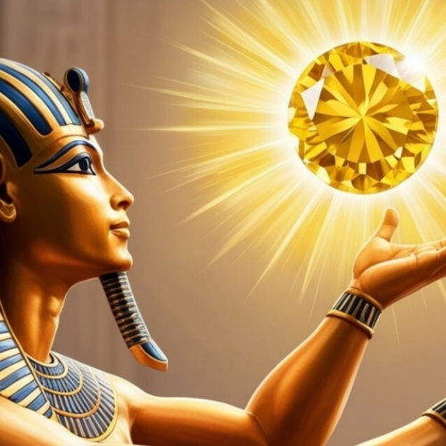 An ancient Egyptian figure in traditional attire gazes at a glowing, golden topaz gem held aloft, radiating light. The scene exudes a sense of awe and reverence.