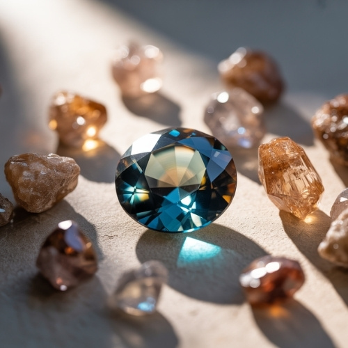 A large, faceted blue zircon gemstone is surrounded by raw brown and clear stones on a sunlit surface, casting colorful reflections and shadows.