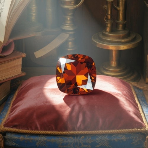 A large, faceted reddish orange zircon gem resting on a red velvet cushion, surrounded by antique books and brass candlesticks, bathed in soft, dramatic light.