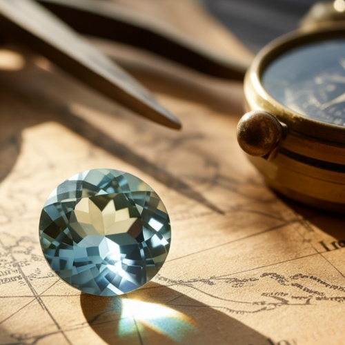 A faceted blue zircon gemstone glistens on a vintage map, alongside an old compass. Sunlight highlights the gem, evoking a sense of exploration and discovery.