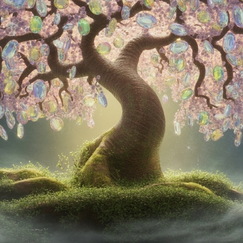 A mystical tree with a twisted trunk and branches adorned with glowing, multicolored zircon gems. The ground is lush with moss. Ethereal and magical atmosphere.